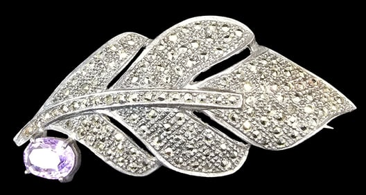 Stylish Vintage Sterling Silver, Marcasite & Amethyst Leaf Shaped Brooch