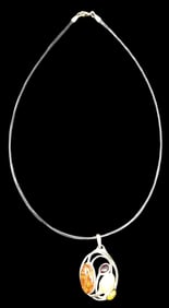 Stylish Vintage Sterling Silver & Amber Pendant Necklace