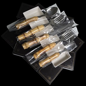 Rare Lot of 8 Vintage SCOF France Bamboo Handle Cutlery Sets