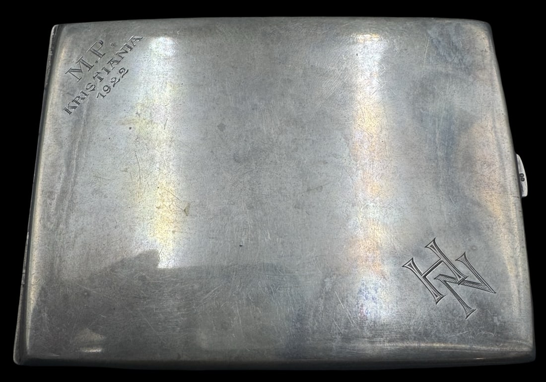 Stylish Antique HERMES France Sterling Silver Cigarette Case of a Norwegian Member of Parliament: Very good antique condition with minor patina according to age. Measures approx. 4 " long x 3" wide x 3/8" high and weighs ca. 126.2 grams. Marked for Sterling Silver & HERMES. Engraved M.P. KRISTIANI