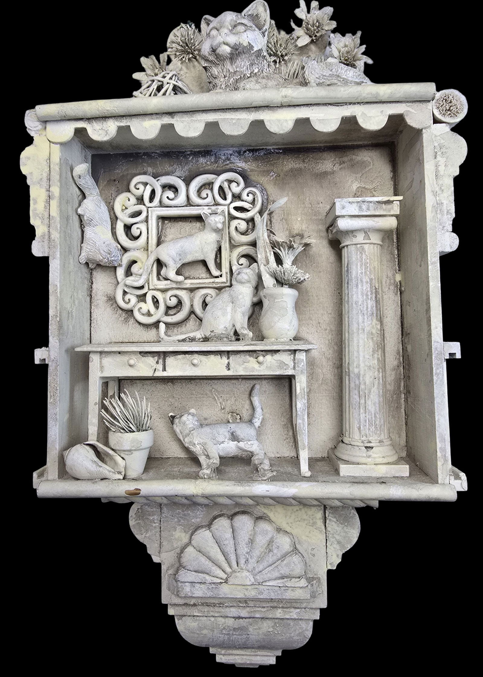 Vintage Handmade ANDY STRIEWSKI Plaster Cat Diorama: Very good vintage condition with minor wear according to age. Measures approx. 16" high x 8" wide. Signed and dated on the back.