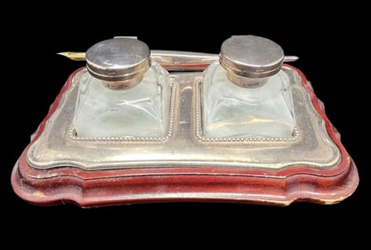 Beautiful Antique British Sterling Silver & Wood Desk Set