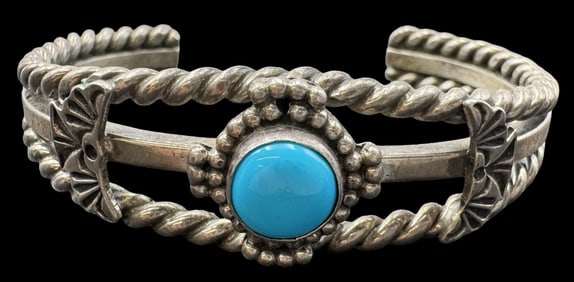 Ornate Vintage Native American Navajo Sterling Silver Cuff Bracelet/w Turquoise