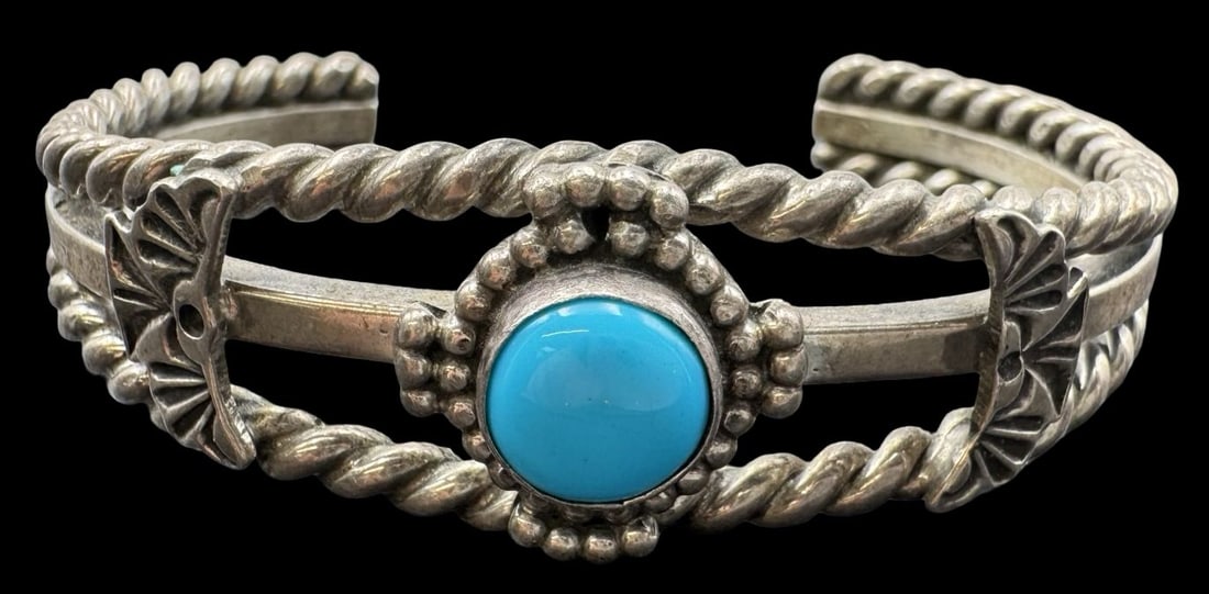 Ornate Vintage Native American Navajo Sterling Silver Cuff Bracelet/w Turquoise (1 of 3)