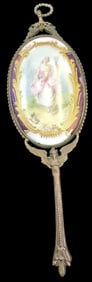 Antique 19th Cent. French Bronze Ormolu Hand Mirror /w Porcelain Portrait Plaque