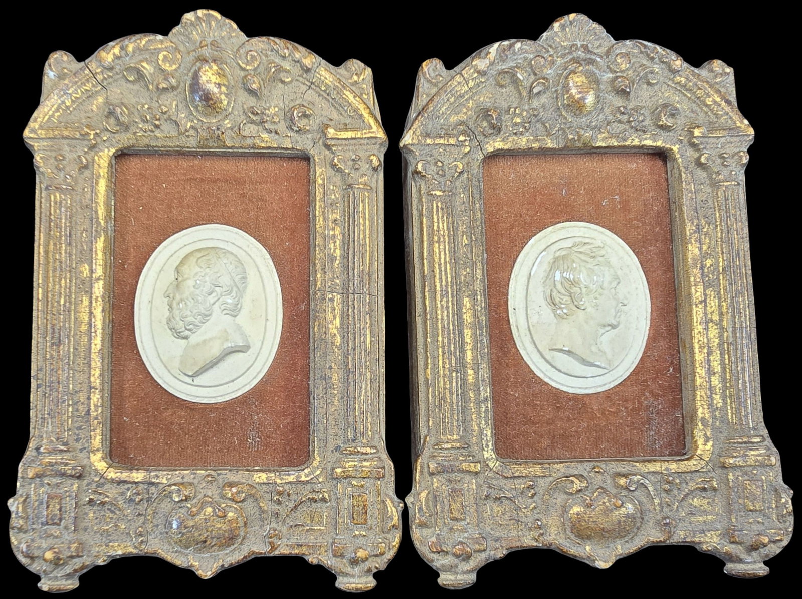 Pair of 19th Cent. Italian Plaster Grand Tour Medallions Plaques in Ornate Frames: Pair of 19th-century Italian Plaster Plaques, possibly Grand Tour medallions featuring high-relief profiles depicted in a Renaissance style. Set in ornate, gilded wooden frames. Good antique condition