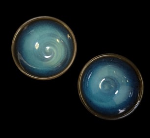 Decorative Pair of Vintage Blue Swirl Glazed Art Pottery Bowls