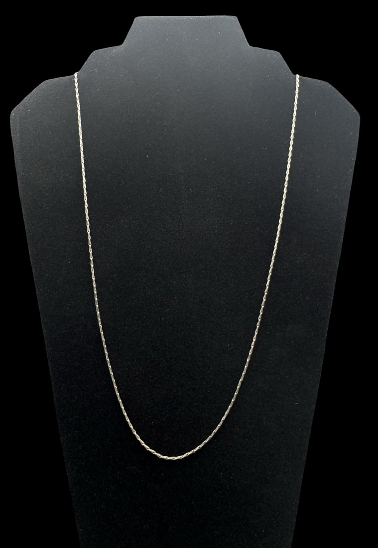 Vintage European 835 Silver Chain Necklace: Very good vintage condition with minor patina according to age. Measures approx. 24" long x 1/8" wide and weighs ca. 4.3 grams. Marked for 835 Silver