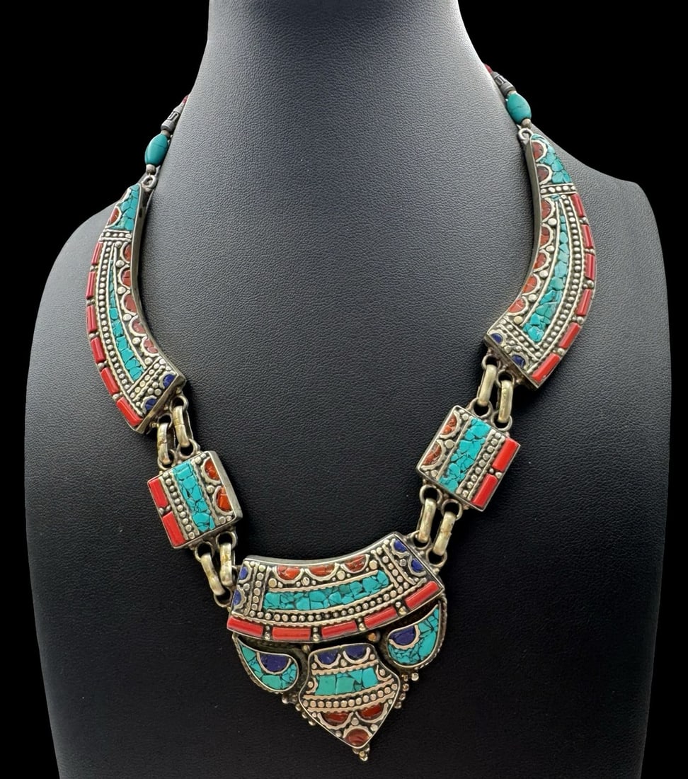 Stunning Antique Tibetan Silver Multi Color Cluster Necklace: Very good vintage condition with minor patina according to age. The pendant measures approx. 2" long x 2" wide and total weight is ca. 106.1 grams. The necklace is approx. 18" long.