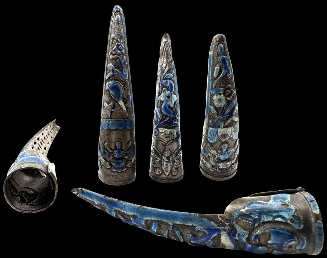 Antique 5 Pairs of Chinese Silver Enamel Fingernail Cuffs (1 of 5)