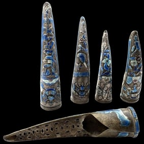 Antique 5 Pairs of Chinese Silver Enamel Fingernail Cuffs