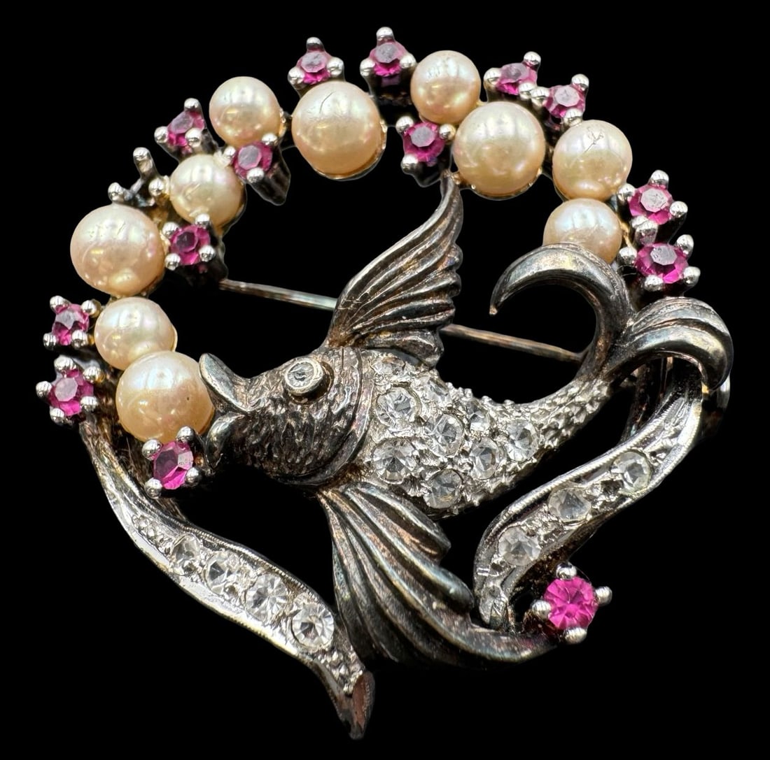 Beautiful Vintage Sterling Silver, Ruby, Pearls & Clear Gemstone Fish Brooch: Very good vintage condition with minor patina according to age. Measures approx. 1 1/2" long x 1 3/8" wide and weighs ca. 12.3 grams. Tested for Sterling Silver.
