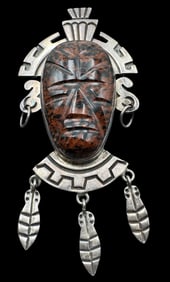 Ornate Vintage Mexican Sterling Silver & Carved Gemstone Aztec Tribal Face Mask Brooch
