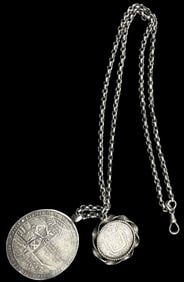 Very Unusual  Antique Central European 800 Silver Pocket Watch Chain / Necklace /w 2 Coin Charms