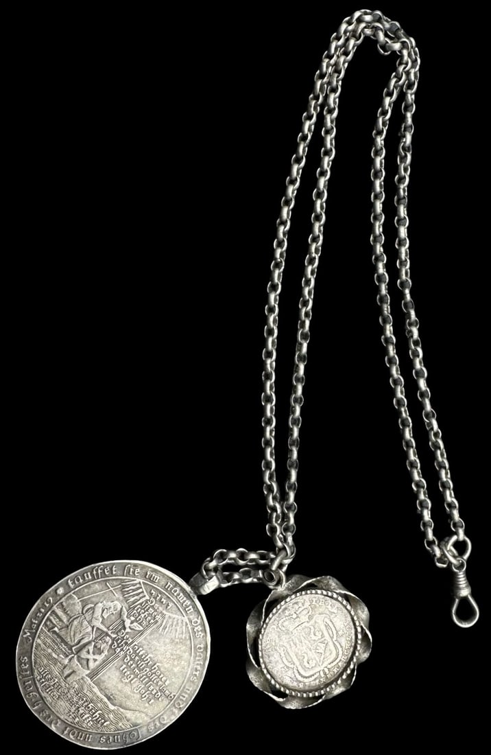 Very Unusual Antique Central European 800 Silver Pocket Watch Chain / Necklace /w 2 Coin Charms (1 of 4)