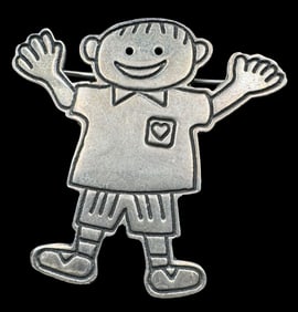 Ornate Vintage Mexican Sterling Silver "Save the Children" Happy Boy Brooch