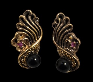 Pair of Unusual Vintage Gilt Sterling Silver & Gemstone Signed Designer Earrings