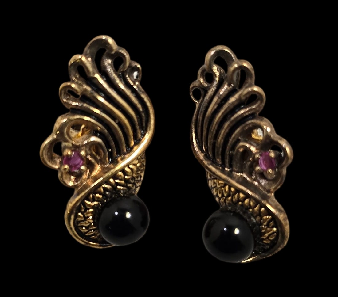 Pair of Unusual Vintage Gilt Sterling Silver & Gemstone Signed Designer Earrings (1 of 4)