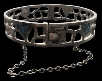 Ornate Vintage Taxco Mexico Sterling Silver & Turquoise Bracelet