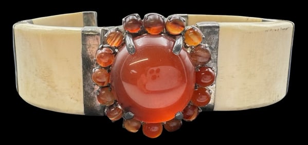 Vintage Sterling Silver, Bone & Carnelian Tribal Bracelet