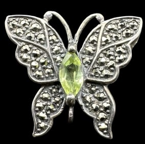 Beautiful Vintage Sterling Silver, Marcasite & Green Gemstone Butterfly Pendant