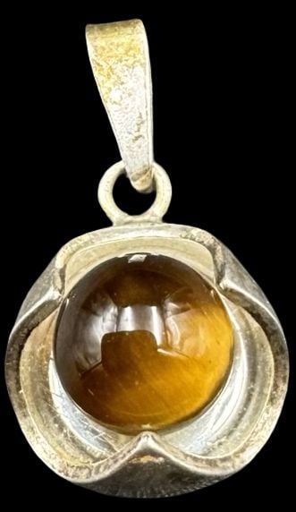 Stylish Vintage Mid-Century Modern European 835 Silver & Tiger's Eye Pendant (1 of 2)