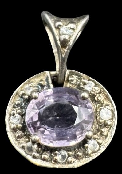 Beautiful Vintage Sterling Silver, Marcasite & Purple Gemstone Pendant (1 of 2)