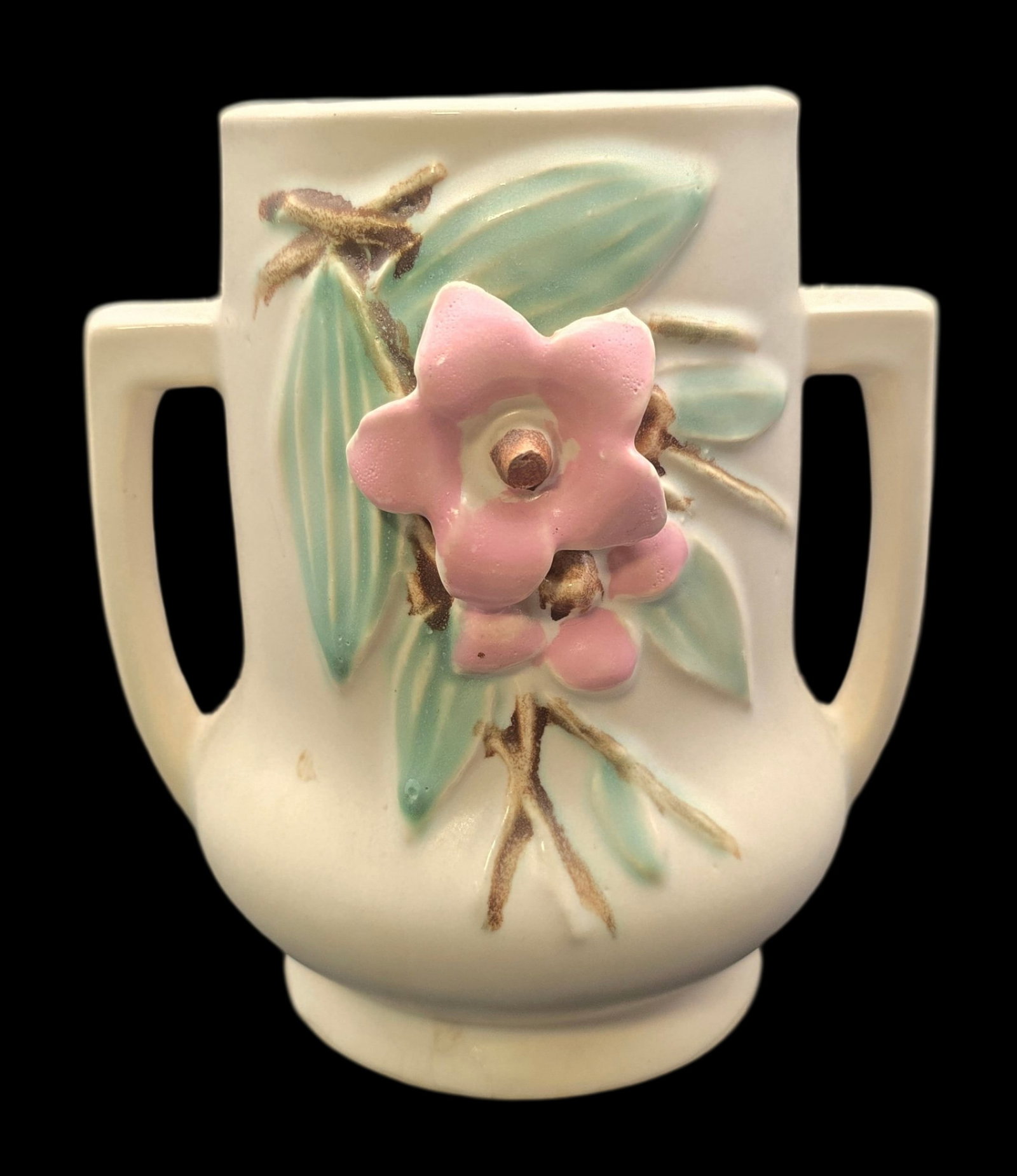 Vintage MCCOY Art Pottery BLOSSOM TIME Cream Floral Design Vase: Very good vintage condition with minor wear according to age, please see pictures. No cracks or repairs. Measures approx. 4" high x 5" wide. Marked.