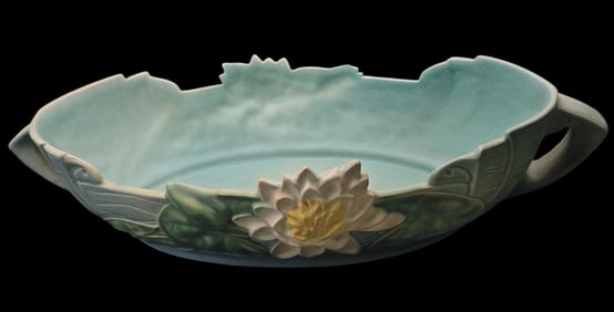Vintage ROSEVILLE Art Pottery WATER LILY Blue Ceramic Bowl
