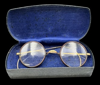 Antique Gold Plated 1920s Windsor Round Eyeglasses - Saddle Bridge & Celluloid Rims /w Original Case