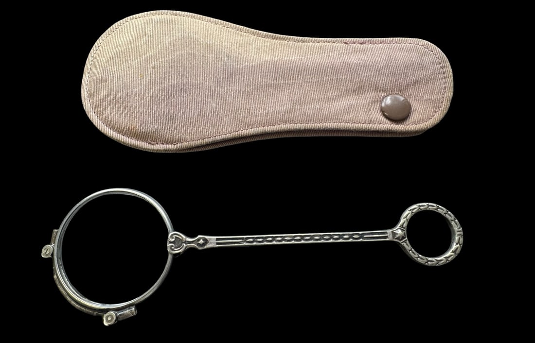 Ornate Antique Silver Metal Lorgnette Spring Operated Eyeglasses /w Pouch: Very good vintage condition with minor patina according to age. Measures approx. 5 1/2" long X 3 3/4" wide. Made In England.