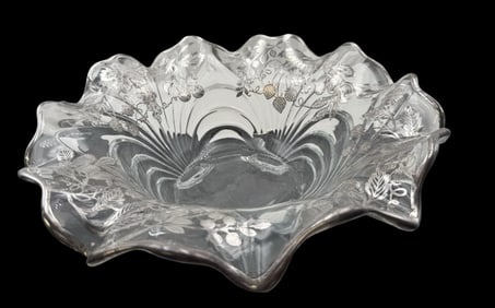 Decorative Vintage Crystal & Sterling Silver Overlay Floral Pattern Low Footed Bowl