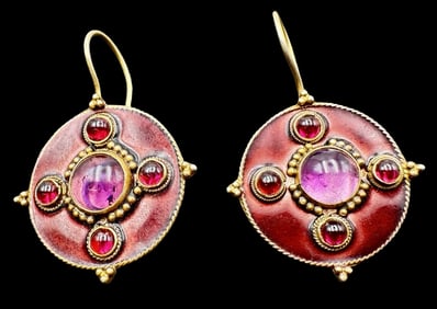 Unusual Vintage Gilt Sterling Silver, Amethyst & Enamel Disc Earrings