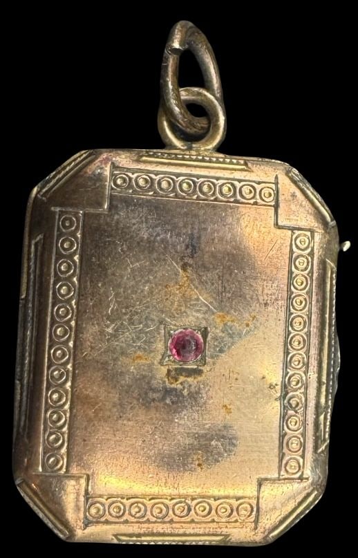 Ornate Antique European Gold-Tone Metal & Red Gemstone Picture Locket Pendant (1 of 3)