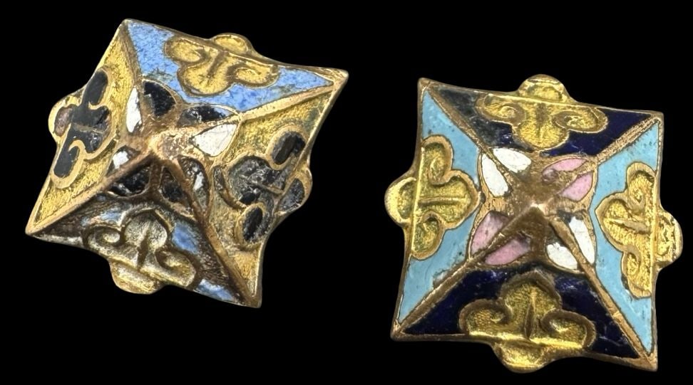 Ornate Antique Pair of Gold-Tone Metal & Multi-Color Enamel Cufflinks / Buttons (1 of 2)