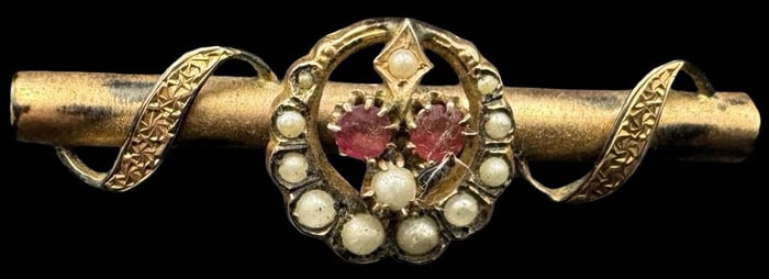 Ornate Antique European Gold-Tone Metal Brooch /w Pearls & Red Gemstones
