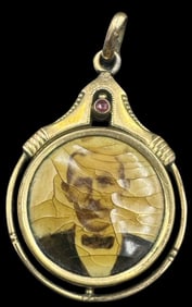 Antique Art Nouveao European Gold-Tone Metal, Red Gemstone & Picture Pendant