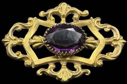 Antique European Gold-Tone Metal & Purple Gemstone Buckle