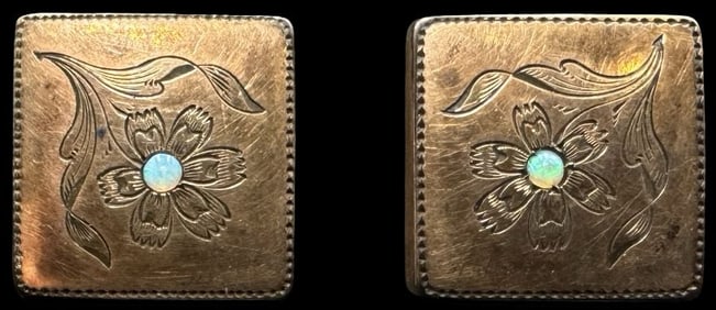 Ornate Pair of Antique European Gold-Tone Metal & Opal Cufflinks