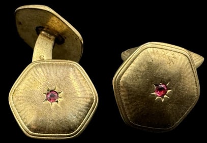 Ornate Pair of Antique European Gold-Tone Metal & Gemstone Cufflinks