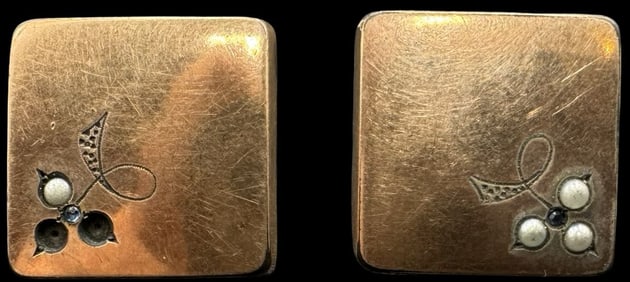 Ornate Pair of Antique European Gold-Tone Metal & Gemstone Cufflinks