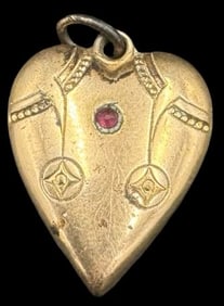 Gorgeous Ornate Antique Gold-Tone Metal & Red Gemstone Heart Pendant