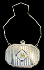 Beautiful Vintage Silvertone Metal & Enamel Powder Compact