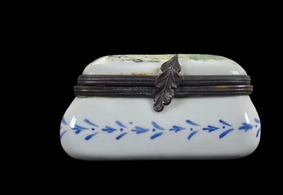 Antique European Handpainted & Signed Porcelain Trinket Box /w Windmill Motive