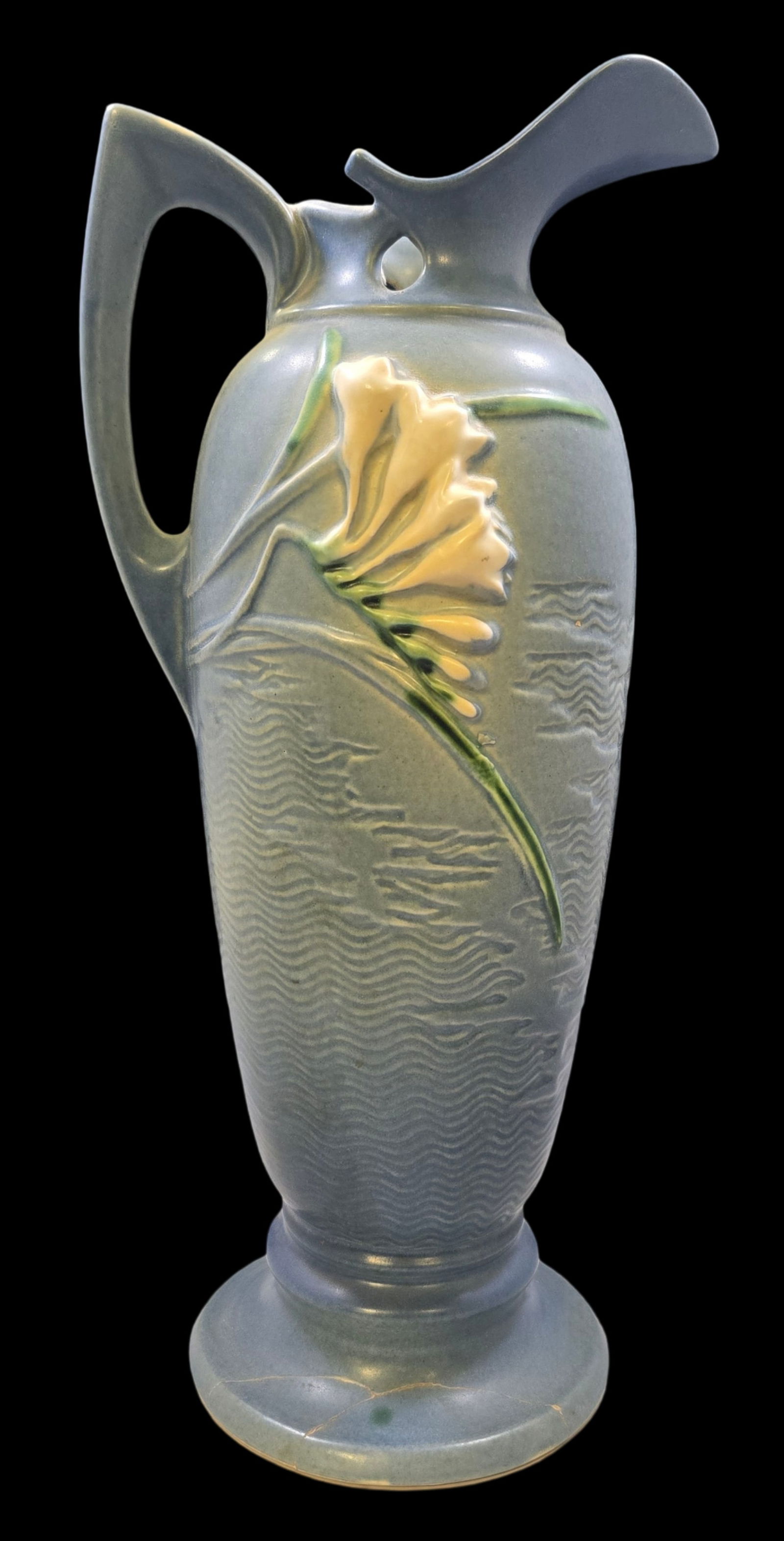 Vintage ROSEVILLE Art Pottery FREESIA Blue Ceramic Ewer (1 of 7)