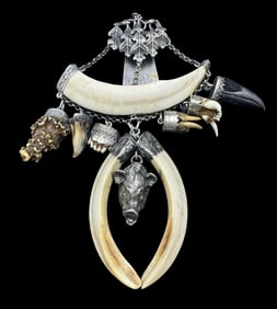 Very Unusual Antique Alpine European 800 Silver Hunting Clip /w Real Trophies