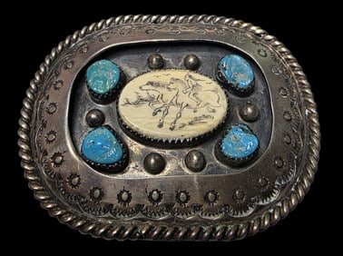 Very Unusual Vintage Native American Sterling Silver, Scrimshaw & Turquoise belt Buckle