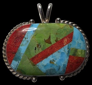 Large Vintage Native American JAY KING Sterling Silver & Gemstone Inlay Pendant