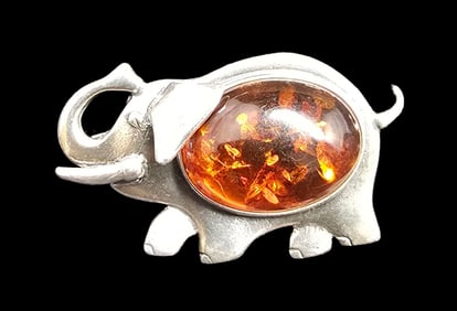 Whimsical Vintage Sterling Silver & Baltic Amber Elephant Shaped Brooch Pin