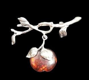 Unusual Vintage Sterling Silver & Baltic Amber Apple Shaped Brooch Pin